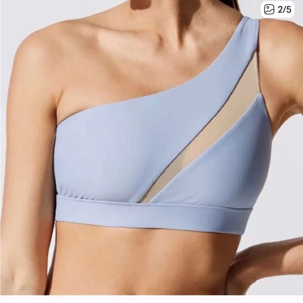 Carbon38 Blocked Mesh One Shoulder Bra In Pale Blue/nude
